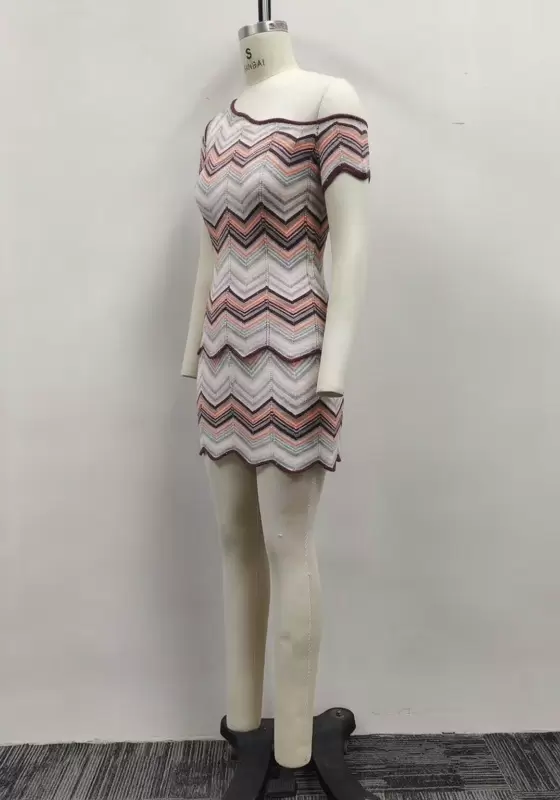 Women Chevron Zigzag Crochet Asymmetrical One Shoulder Top and Shorts Two-Piece Set