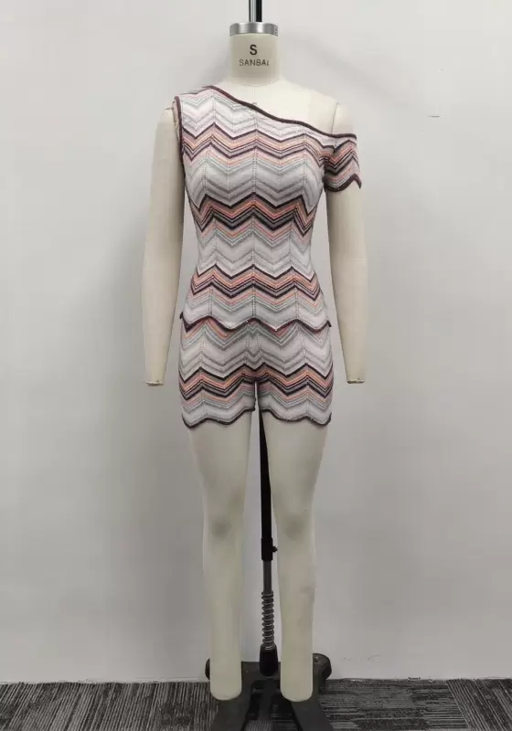 Women Chevron Zigzag Crochet Asymmetrical One Shoulder Top and Shorts Two-Piece Set