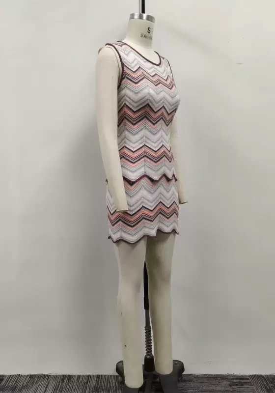 Women Chevron Zigzag Crochet Asymmetrical One Shoulder Top and Shorts Two-Piece Set