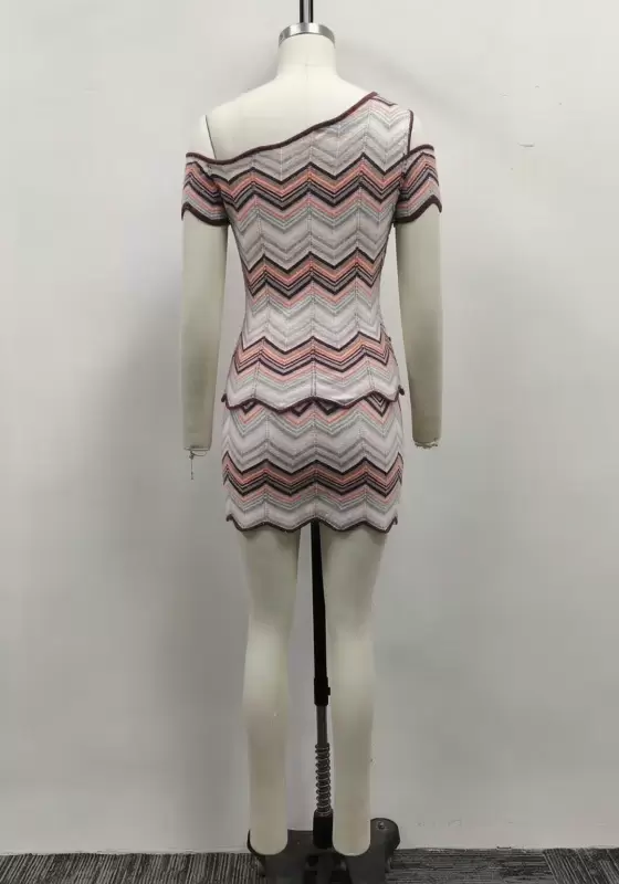Women Chevron Zigzag Crochet Asymmetrical One Shoulder Top and Shorts Two-Piece Set