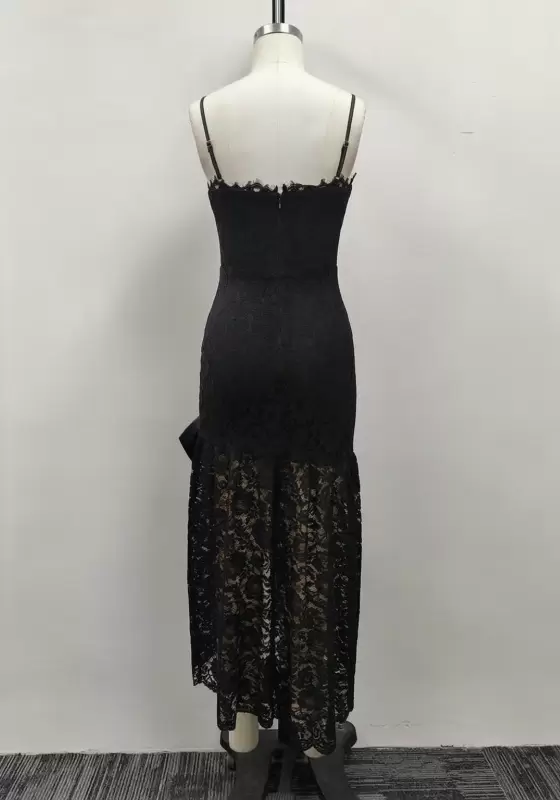 Women Black Floral Lace Bow Detail Asymmetrical Hem Mermaid Dress