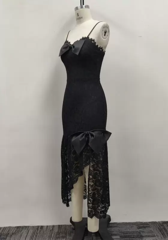 Women Black Floral Lace Bow Detail Asymmetrical Hem Mermaid Dress