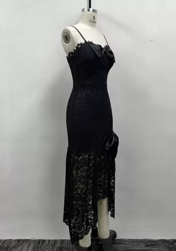 Women Black Floral Lace Bow Detail Asymmetrical Hem Mermaid Dress