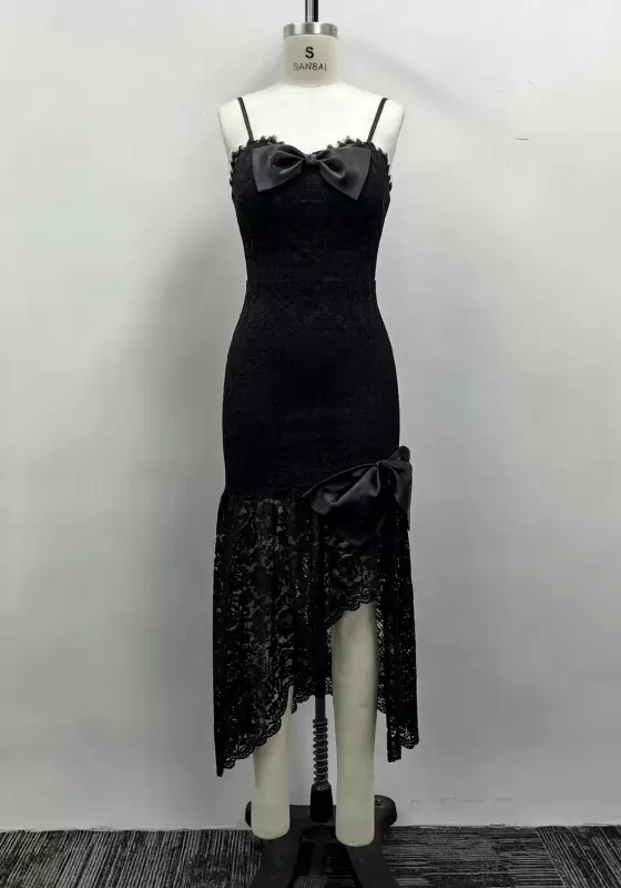 Women Black Floral Lace Bow Detail Asymmetrical Hem Mermaid Dress