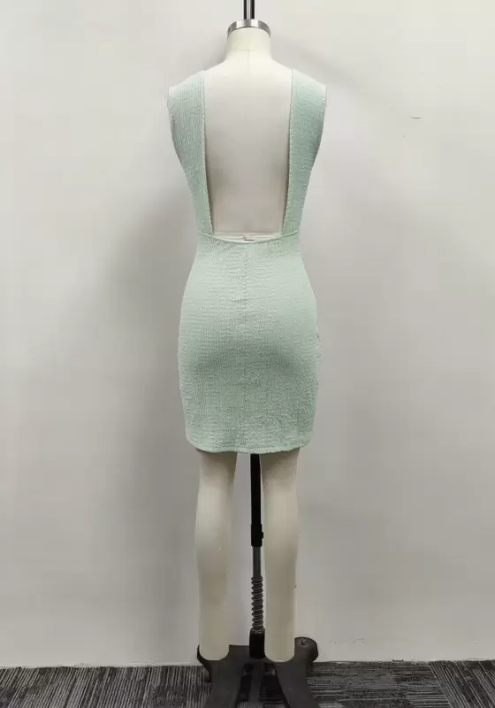 Women Light Green Textured Metal Ring Cutout Backless Bodycon Mini Dress
