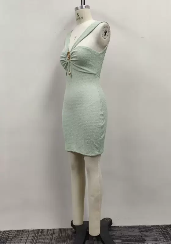 Women Light Green Textured Metal Ring Cutout Backless Bodycon Mini Dress