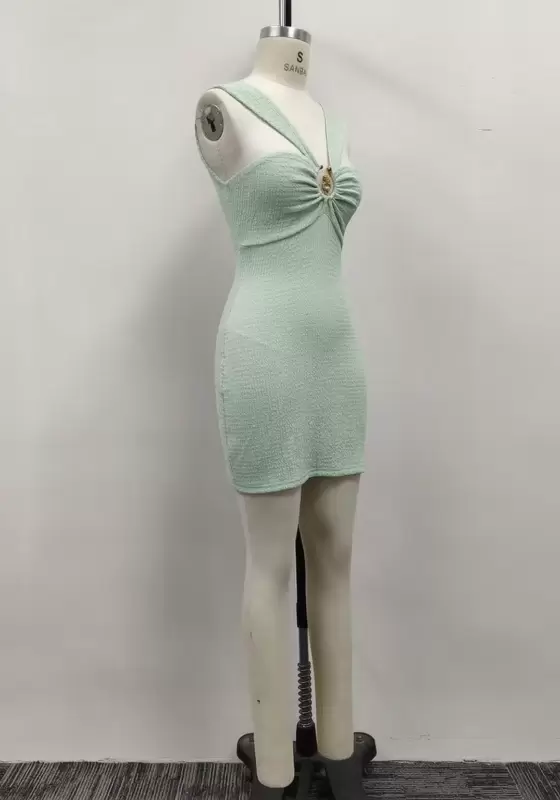 Women Light Green Textured Metal Ring Cutout Backless Bodycon Mini Dress