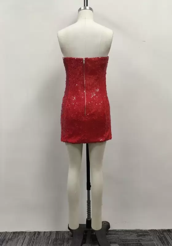 Women Red Sequin Strapless Cutout Waist Bodycon Mini Dress