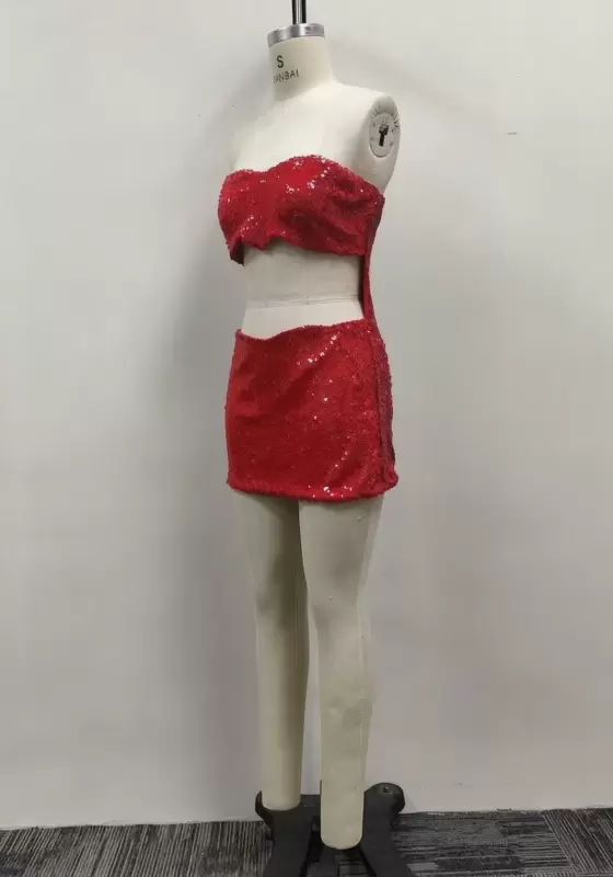 Women Red Sequin Strapless Cutout Waist Bodycon Mini Dress