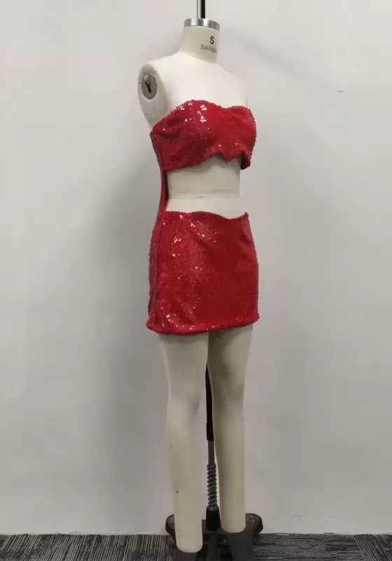 Women Red Sequin Strapless Cutout Waist Bodycon Mini Dress