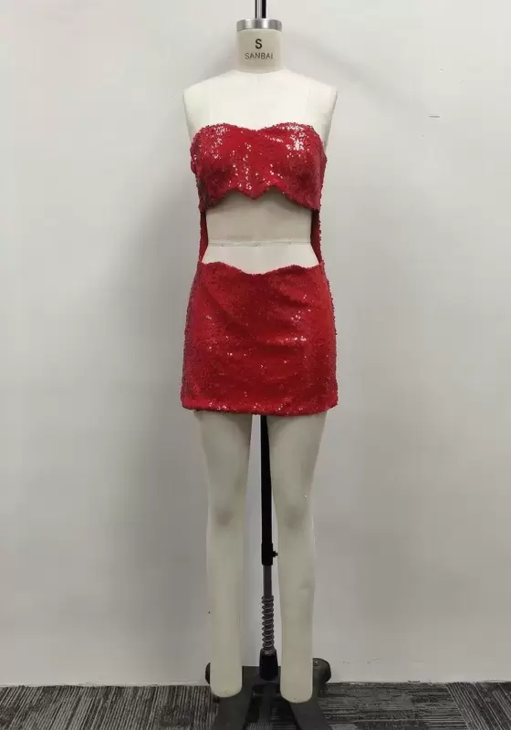 Women Red Sequin Strapless Cutout Waist Bodycon Mini Dress