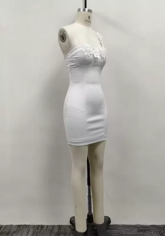 Women White One-Shoulder Floral Applique Corset Bodycon Mini Dress