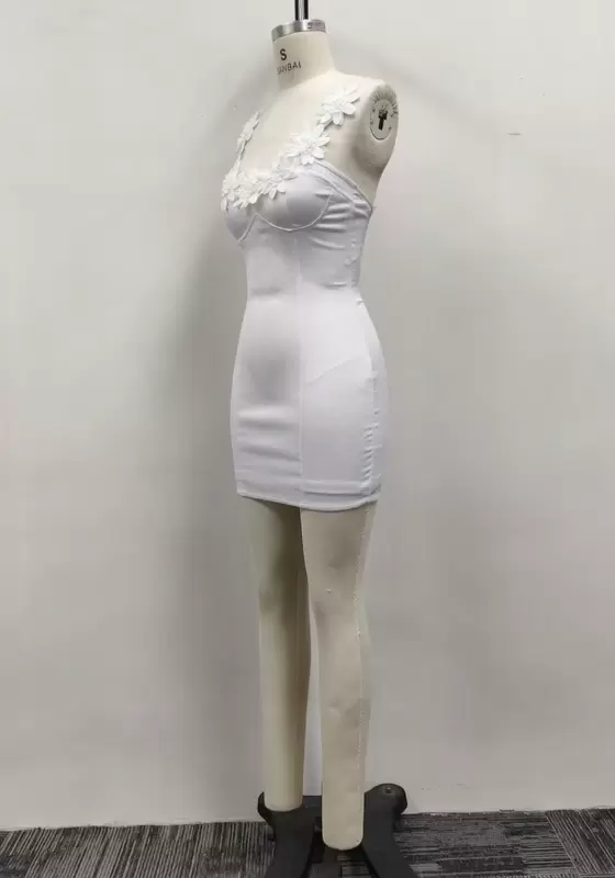 Women White One-Shoulder Floral Applique Corset Bodycon Mini Dress