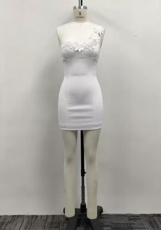 Women White One-Shoulder Floral Applique Corset Bodycon Mini Dress