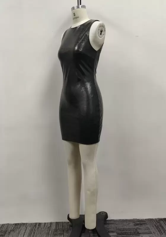 Women Black Cracked Faux Leather Sleeveless Bow Back Mini Dress