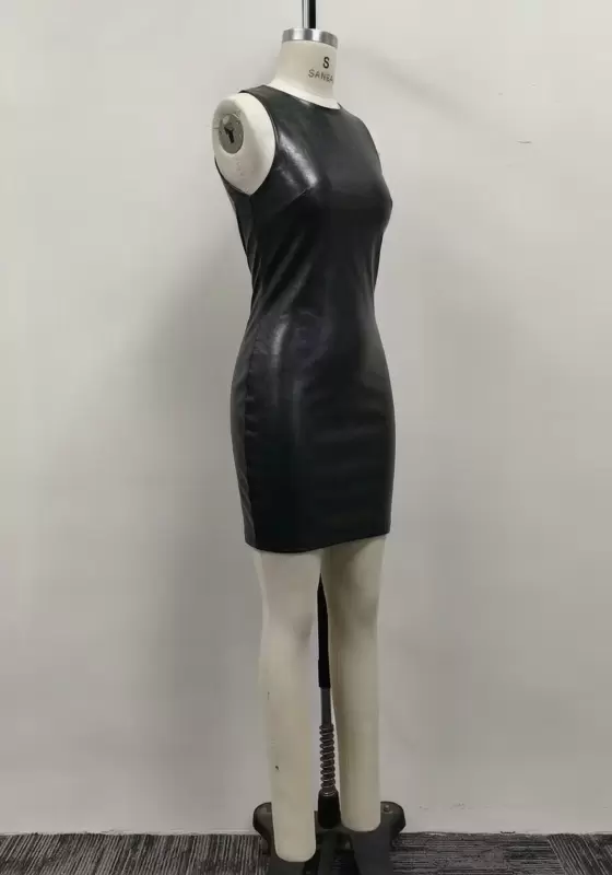 Women Black Cracked Faux Leather Sleeveless Bow Back Mini Dress