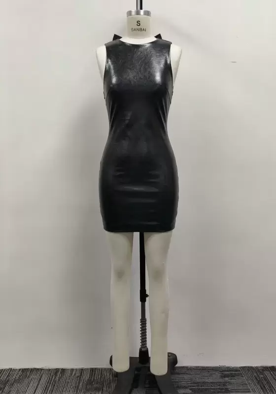 Women Black Cracked Faux Leather Sleeveless Bow Back Mini Dress