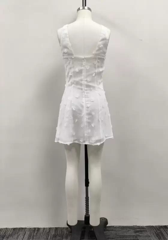 Women White 3D Floral Jacquard Front Tie Cutout A-Line Mini Dress