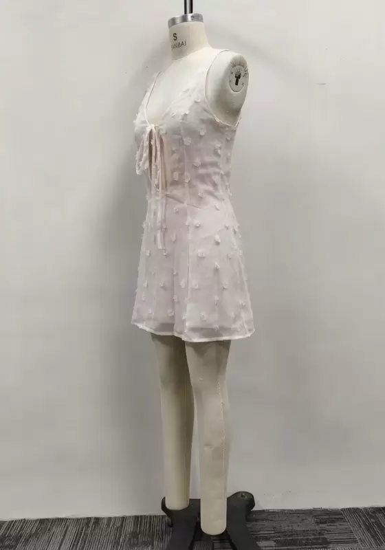 Women White 3D Floral Jacquard Front Tie Cutout A-Line Mini Dress