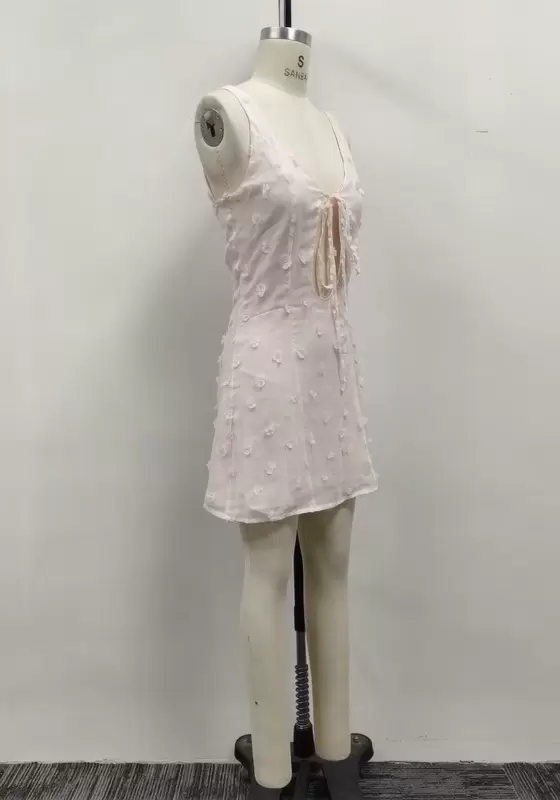 Women White 3D Floral Jacquard Front Tie Cutout A-Line Mini Dress