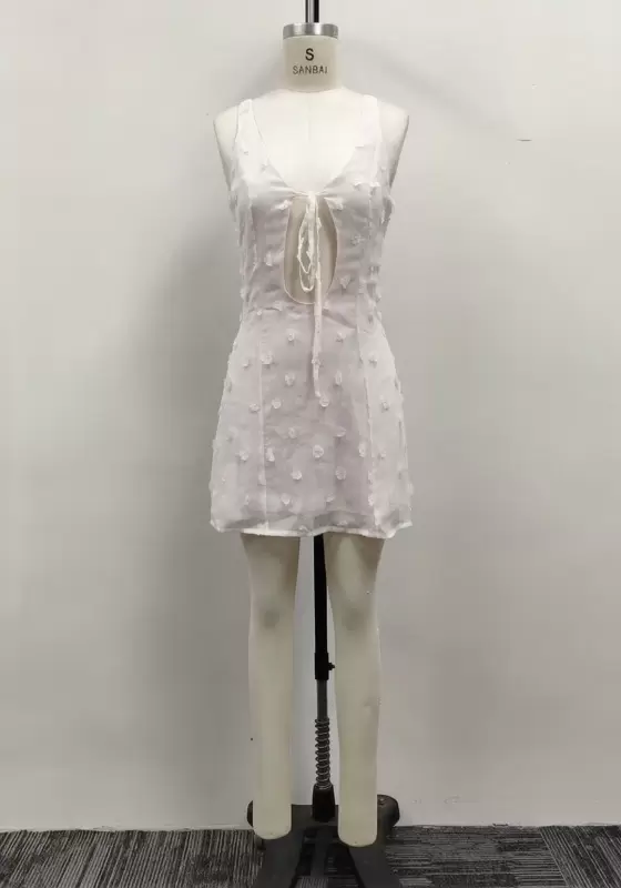 Women White 3D Floral Jacquard Front Tie Cutout A-Line Mini Dress