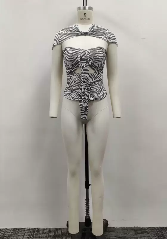 Women Zebra Print Off-the-Shoulder Double Knot Cutout Crop Top