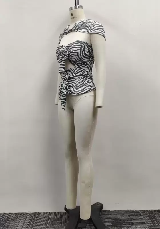 Women Zebra Print Off-the-Shoulder Double Knot Cutout Crop Top