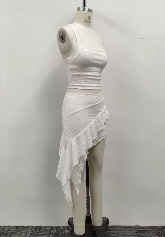 Women White Lace Halter Crop Top and Asymmetrical Ruffle Skirt Two-Piece Set