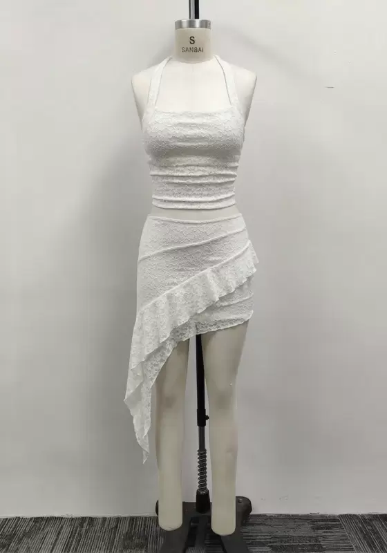 Women White Lace Halter Crop Top and Asymmetrical Ruffle Skirt Two-Piece Set