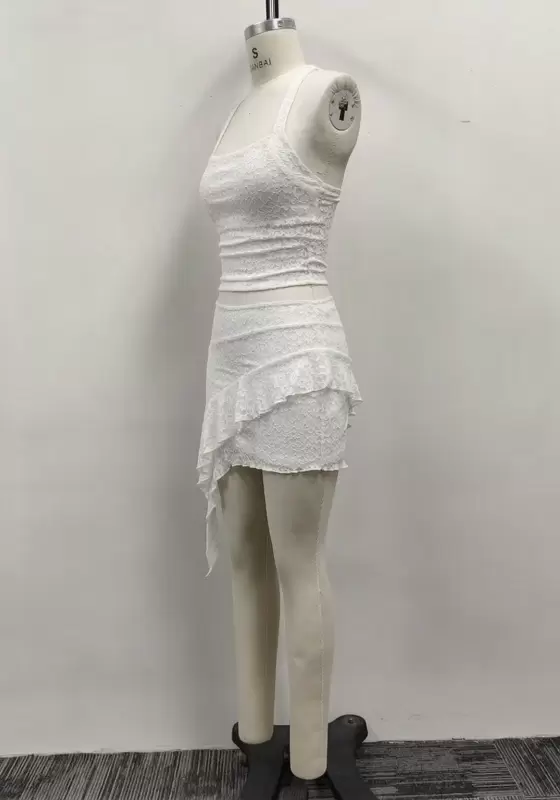 Women White Lace Halter Crop Top and Asymmetrical Ruffle Skirt Two-Piece Set