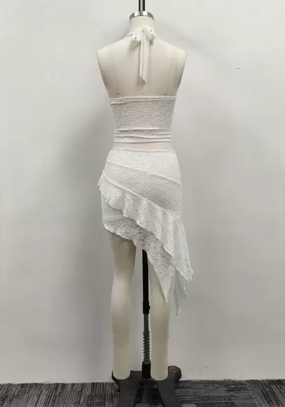 Women White Lace Halter Crop Top and Asymmetrical Ruffle Skirt Two-Piece Set