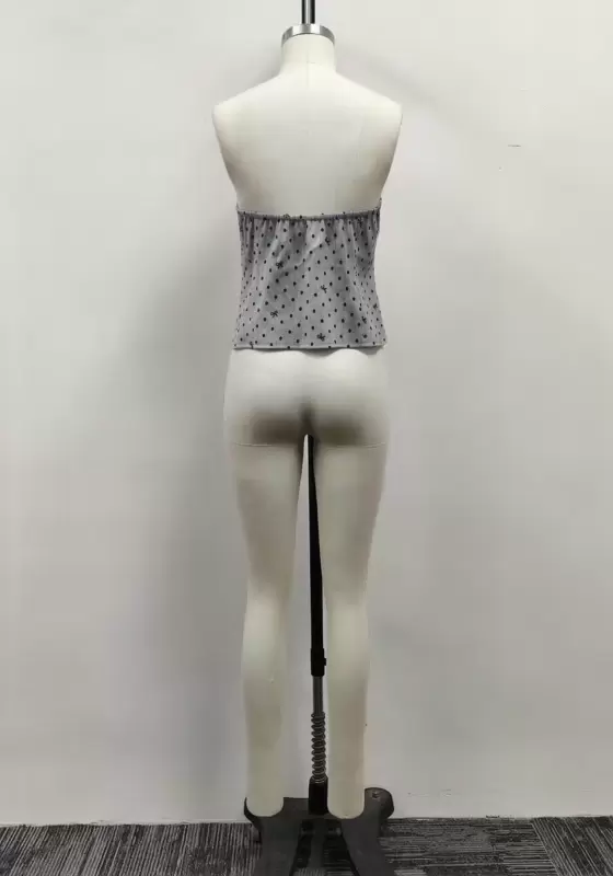 Women Grey Pinstripe Polka Dot Halter V-Neck Button-Front Vest