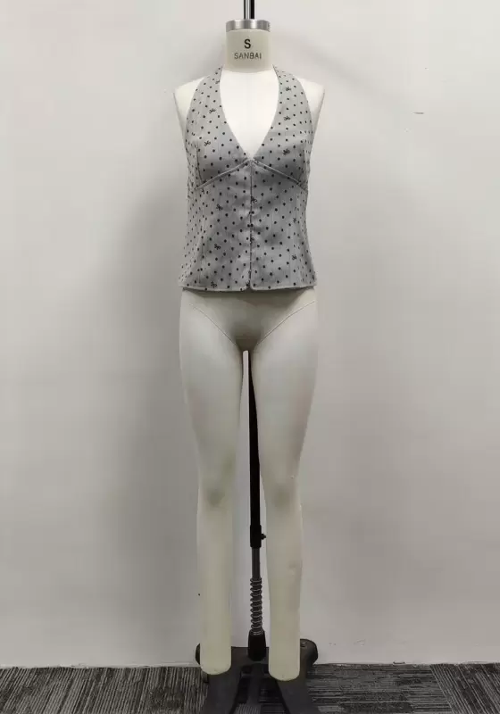 Women Grey Pinstripe Polka Dot Halter V-Neck Button-Front Vest