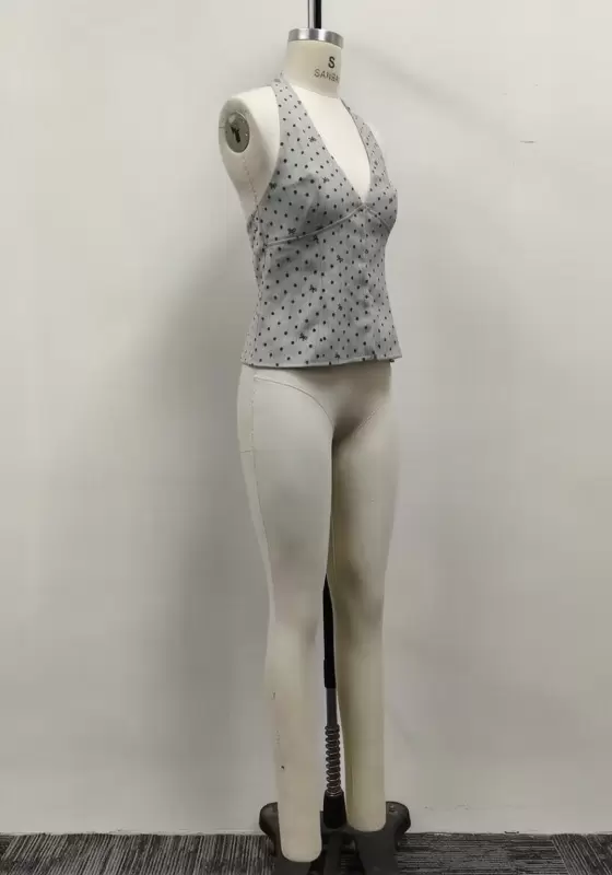 Women Grey Pinstripe Polka Dot Halter V-Neck Button-Front Vest