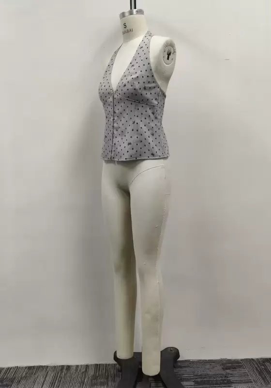 Women Grey Pinstripe Polka Dot Halter V-Neck Button-Front Vest