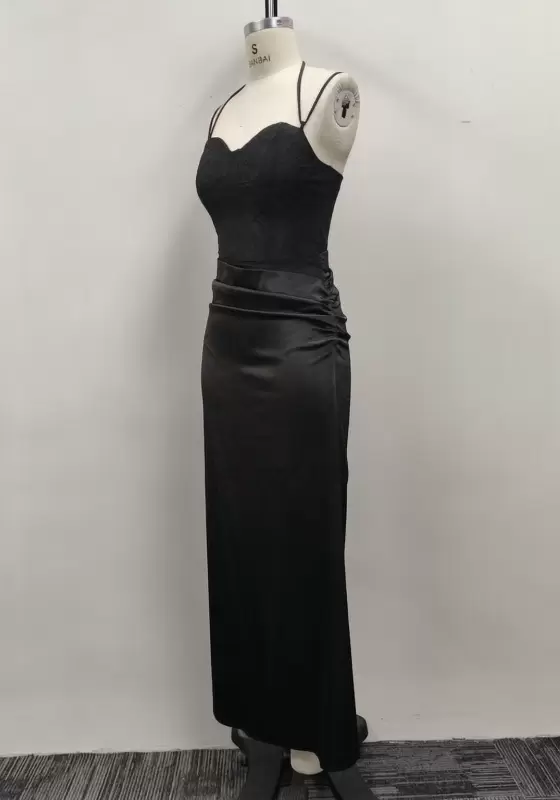 Women Black Lace Bustier Satin Ruched Waist Halter Maxi Dress