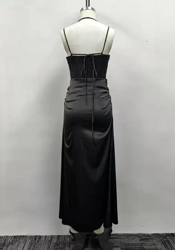 Women Black Lace Bustier Satin Ruched Waist Halter Maxi Dress