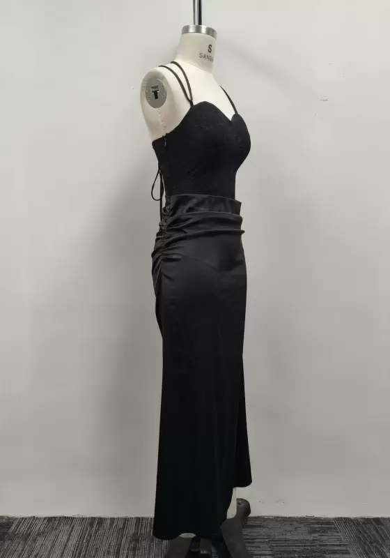 Women Black Lace Bustier Satin Ruched Waist Halter Maxi Dress