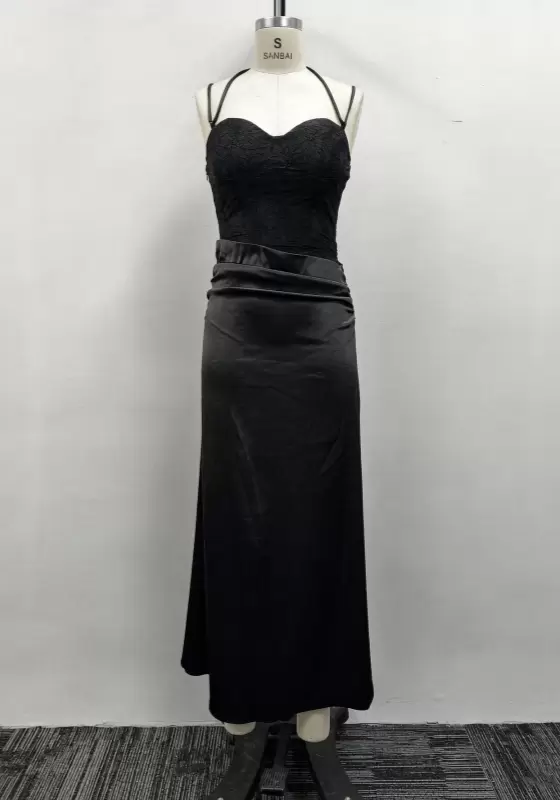 Women Black Lace Bustier Satin Ruched Waist Halter Maxi Dress