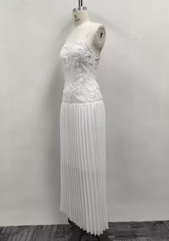 Women White Floral Lace Applique Cami Pleated Chiffon Maxi Dress