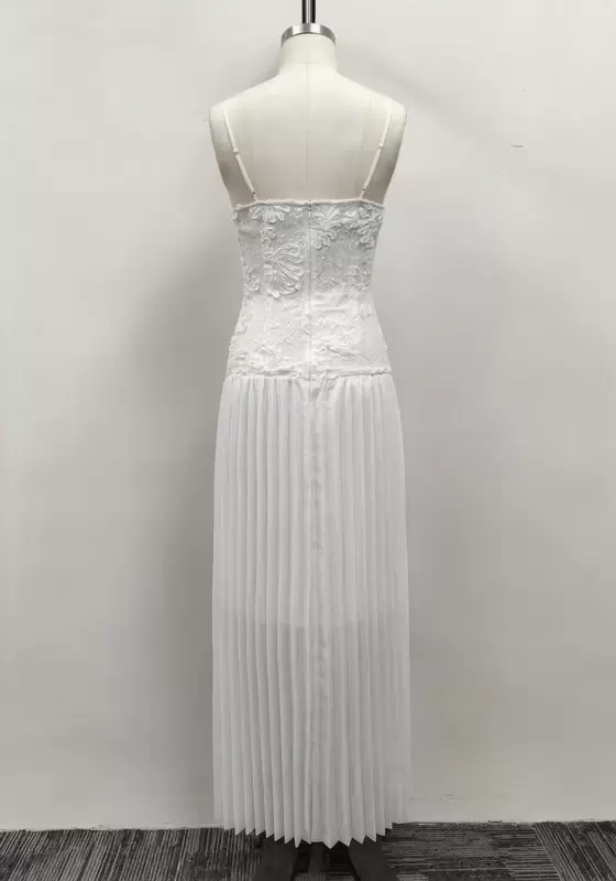 Women White Floral Lace Applique Cami Pleated Chiffon Maxi Dress