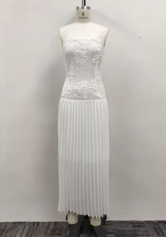 Women White Floral Lace Applique Cami Pleated Chiffon Maxi Dress