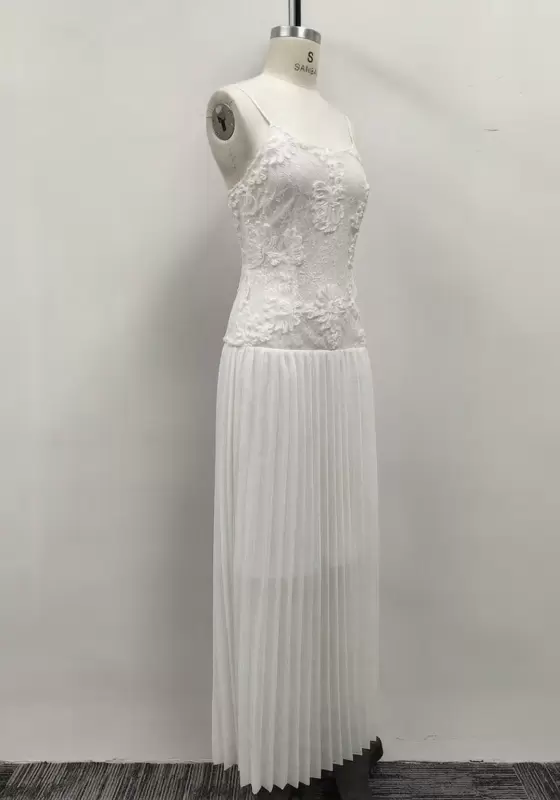 Women White Floral Lace Applique Cami Pleated Chiffon Maxi Dress