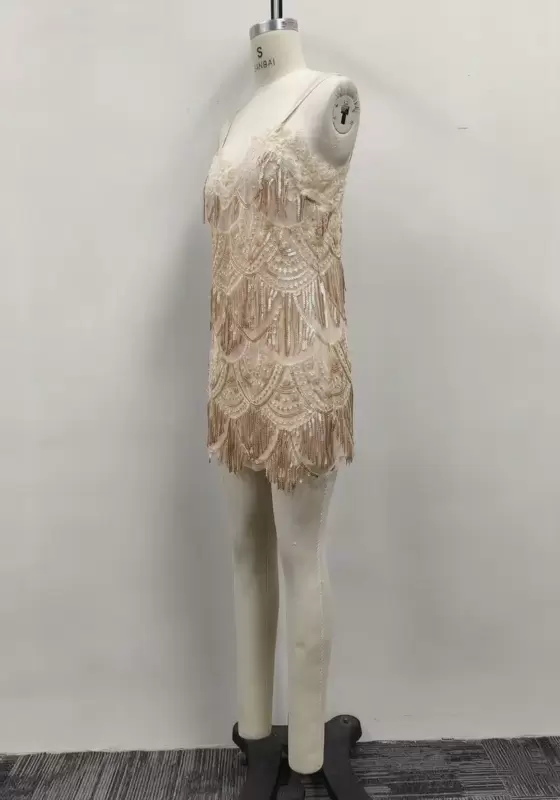 Women Champagne Lace Trim Sequin Beaded Scallop Fringe Cami Mini Dress