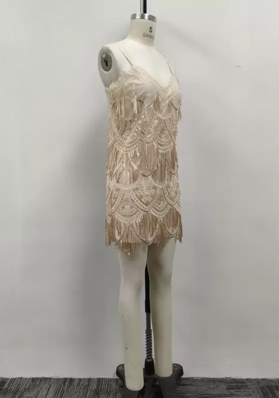 Women Champagne Lace Trim Sequin Beaded Scallop Fringe Cami Mini Dress