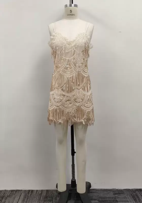 Women Champagne Lace Trim Sequin Beaded Scallop Fringe Cami Mini Dress