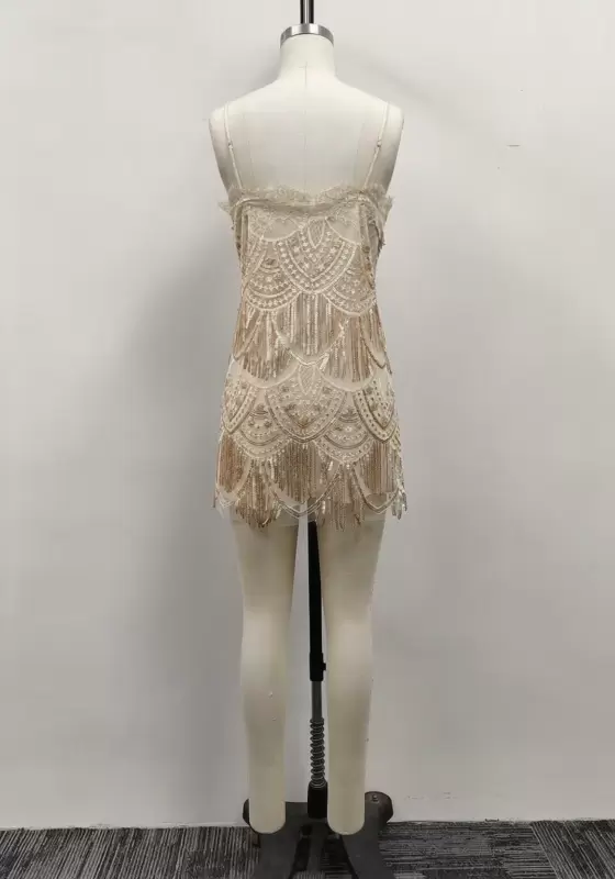 Women Champagne Lace Trim Sequin Beaded Scallop Fringe Cami Mini Dress