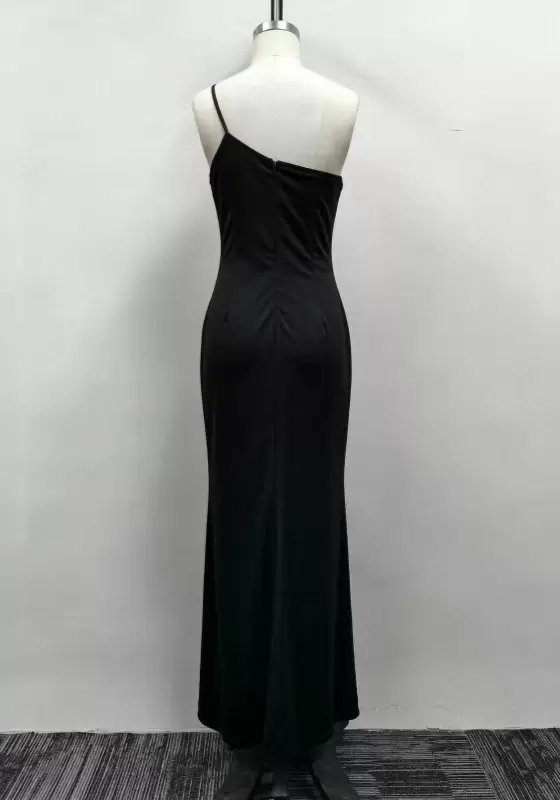 Women Black Shimmer Asymmetrical One-Shoulder Ruched Bust Maxi Dress