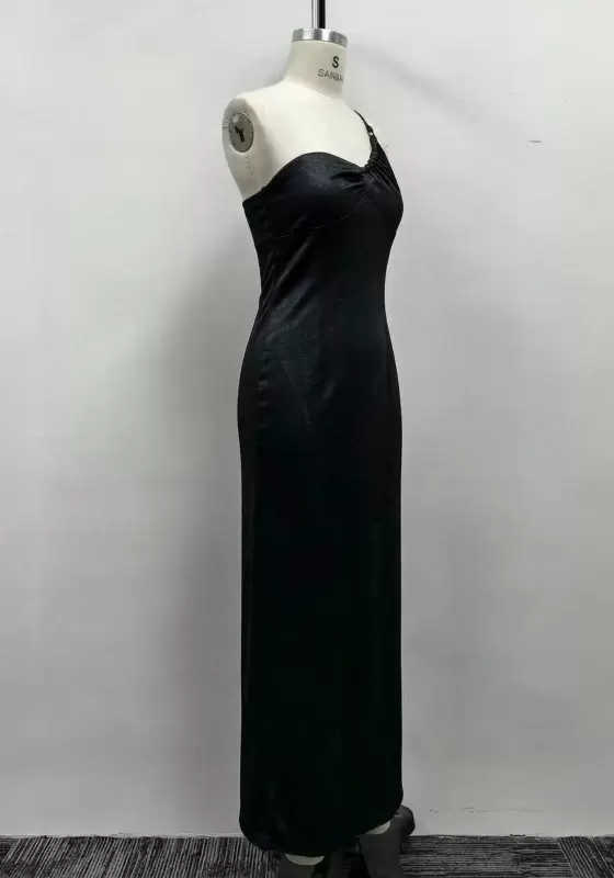 Women Black Shimmer Asymmetrical One-Shoulder Ruched Bust Maxi Dress