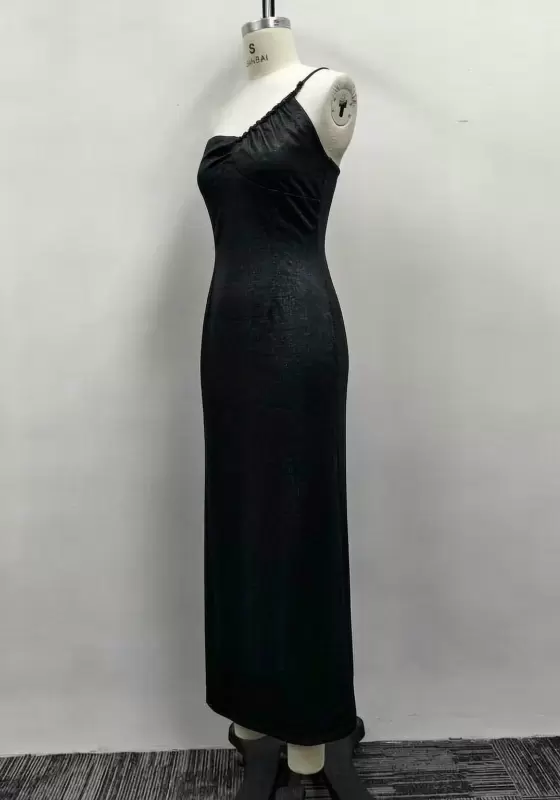 Women Black Shimmer Asymmetrical One-Shoulder Ruched Bust Maxi Dress